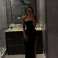 Sexy Black Strapless Mermaid Simple Long Evening Dress with Slit, DP2949