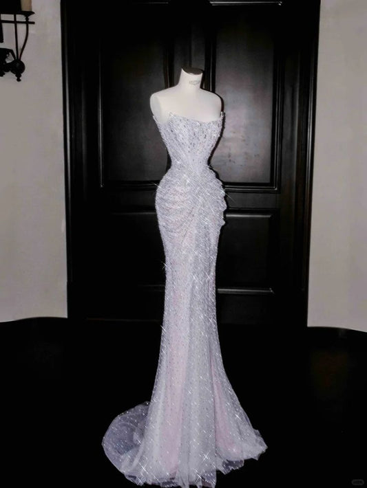 Robe de mariée sirène à sequins scintillants sans bretelles, style rêveur, drapée, DP7040