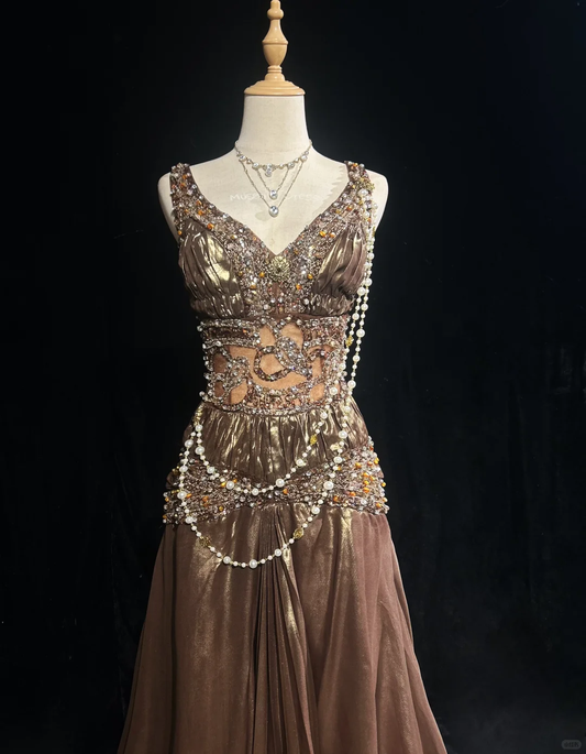 Glamorous Metallic V-Neck Beaded Embellishment & Pearl Details Maxi Prom Dress DP7284