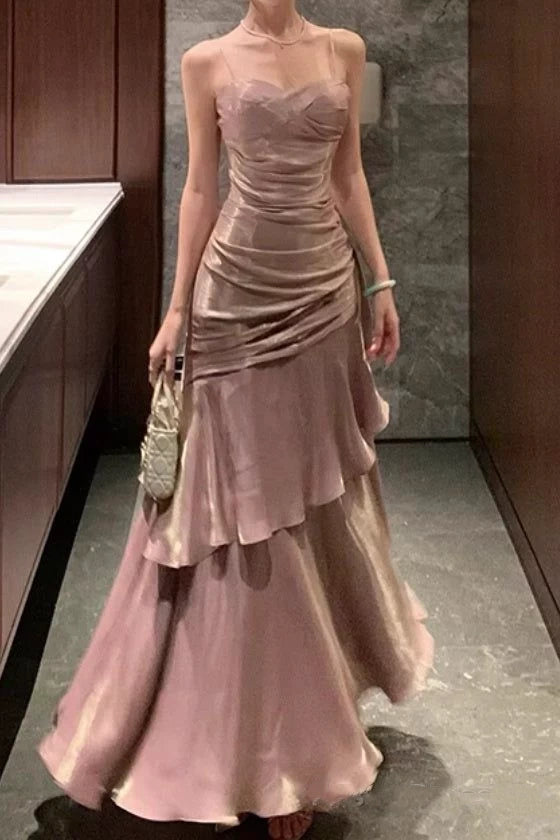 Glamorous Dusty Pink Spaghetti Strap Satin Ruched Tiered Ruffle Formal Evening Gown DP8202