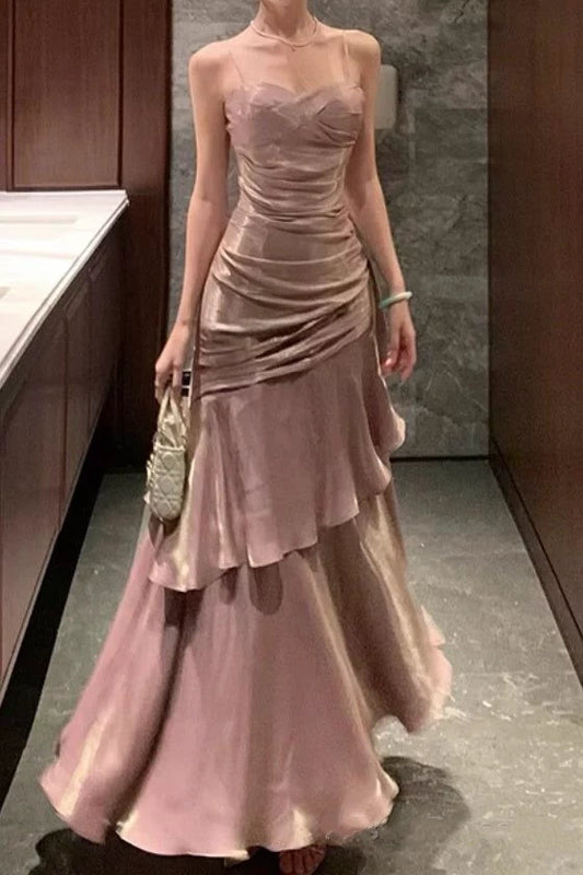 Glamorous Dusty Pink Spaghetti Strap Satin Ruched Tiered Ruffle Formal Evening Gown DP8202