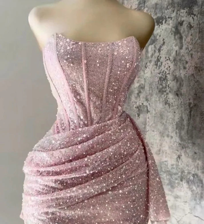 Cute Pink Shiny Sequin Strapless Bodycon Short Party Dress Cocktail Dress Homecoming Dress DP6438