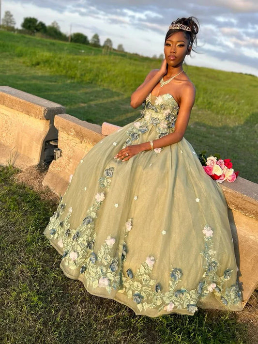 Retro Grün Sweetheart Applique Sweet 16 Quinceanera A-Linie Tüll Bodenlang Ballkleid Geburtstagskleid Abendkleid Ballkleid DP6455