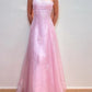 Vintage Rosa A-Linie Stickerei Ballkleid Langes Chiffon Abendkleid Spaghettiträger Formales Kleid, DP6591
