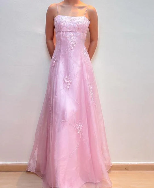 Vintage Rosa A-Linie Stickerei Ballkleid Langes Chiffon Abendkleid Spaghettiträger Formales Kleid, DP6591