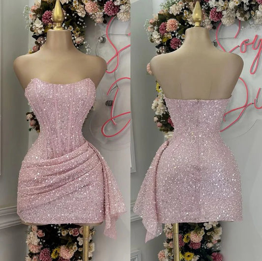 Süßes rosa glänzendes Pailletten-Trägerloses, figurbetontes kurzes Partykleid, Cocktailkleid, Heimkehrkleid, DP6438