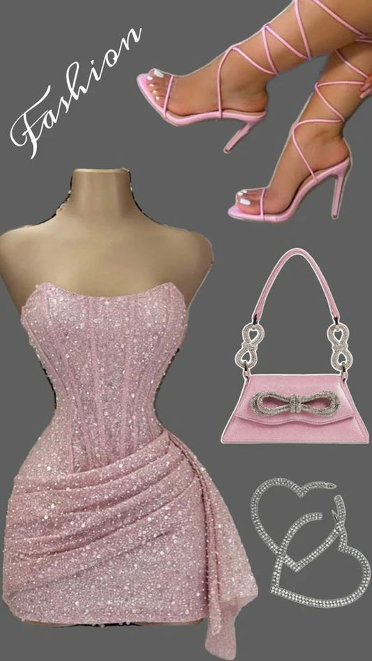 Süßes rosa glänzendes Pailletten-Trägerloses, figurbetontes kurzes Partykleid, Cocktailkleid, Heimkehrkleid, DP6438