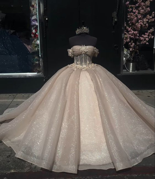 Elegantes, glänzendes Champagner-Off-Shoulder-Tüll-A-Linie-Ballkleid für Sweet 16 Quinceanera-Abendkleider Geburtstagskleid Abendkleid Ballkleid DP6517