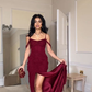 Wine Red Off Shoulder Straps Multi-layered Ruffles Long Prom Dress, DP2592