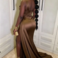 Elegant One-Shoulder Brown Satin Mermaid Prom Dress High Slit Beading Evening Gown EQ9647