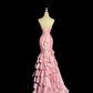 Vintage Pink Satin Sweetheart Neckline Beaded Mermaid Ruffled Tiered Evening Gown DP7353
