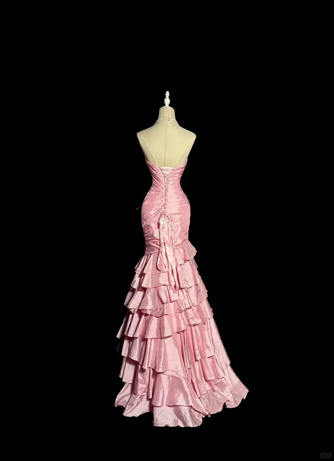 Vintage Pink Satin Sweetheart Neckline Beaded Mermaid Ruffled Tiered Evening Gown DP7353