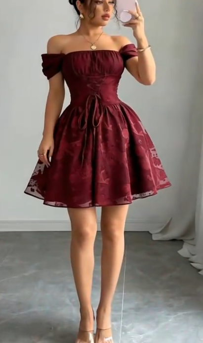 Vintage Burgundy Off-the-Shoulder Jacquard Pattern A-Line Homecoming Dress DP8520