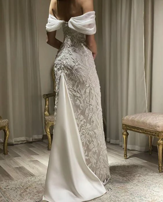 Gorgeous White Off Shoulder Beading Appliques Long Prom Dress Wedding Dress,DP1032
