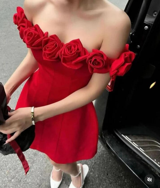 Red Off Shoulder Rose A-Line Homecoming Dress Birthday Outfits, DP3131