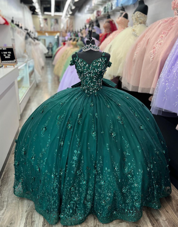 Dark Green Straps Appliques Lace Ball Gown Sweet 15 Quinceanera Dress, DP3004