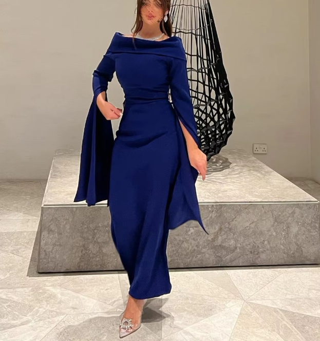 Royal Blue Off Shoulder Long Sleeves Formal Party Dress Occasion Dress, DP3408