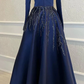 Modest Light Blue Long Sleeves A-Line Satin Long Formal Prom Dress, DP3792