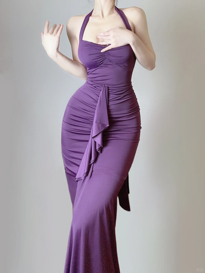 Elegant Purple Halter Neck Mermaid Ruffles Long Party Dress Evening Gown, DP5374