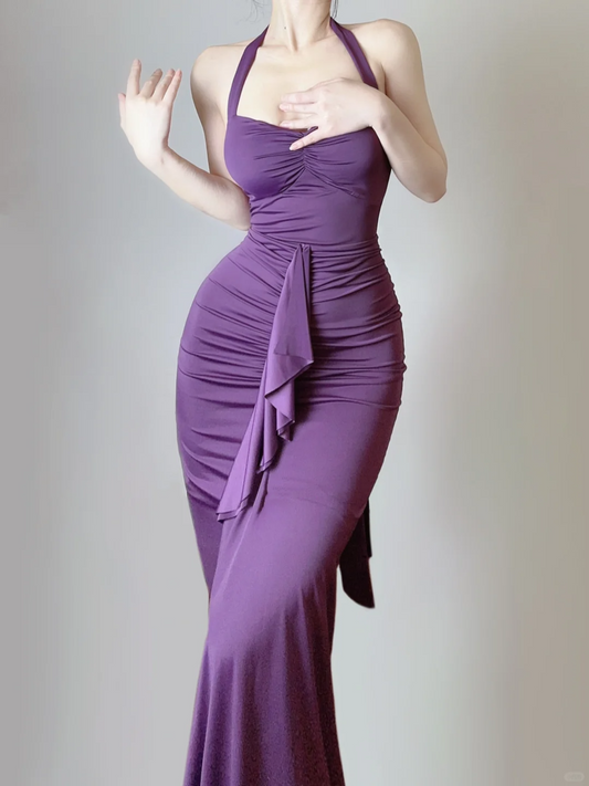 Elegant Purple Halter Neck Mermaid Ruffles Long Party Dress Evening Gown, DP5374
