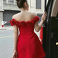 Red Off Shoulder Rose A-Line Homecoming Dress Birthday Outfits, DP3131