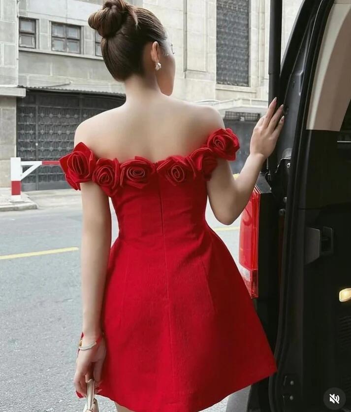 Red Off Shoulder Rose A-Line Homecoming Dress Birthday Outfits, DP3131