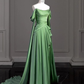 Elegant Green Off Shoulder A-Line Satin Long Formal Party Dress, DP3683