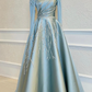 Modest Light Blue Long Sleeves A-Line Satin Long Formal Prom Dress, DP3792