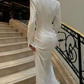 Sexy Slim White Long Sleeves Evening Party Dress with High Slit, DP3509