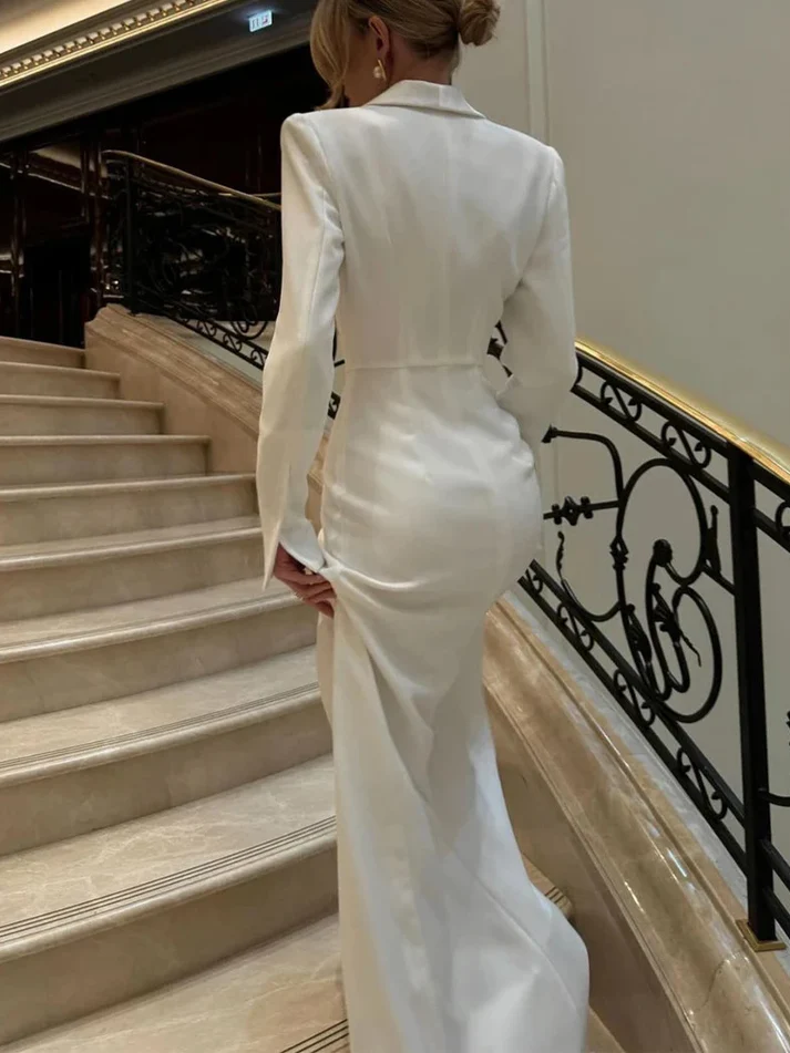 Sexy Slim White Long Sleeves Evening Party Dress with High Slit, DP3509