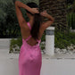 Pink V Neck Cross Back Long Party Dress Wedding Guest Dress, DP3383