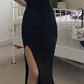 Sexy Black Halter Mermaid Long Evening Party Dress with Split, DP3321