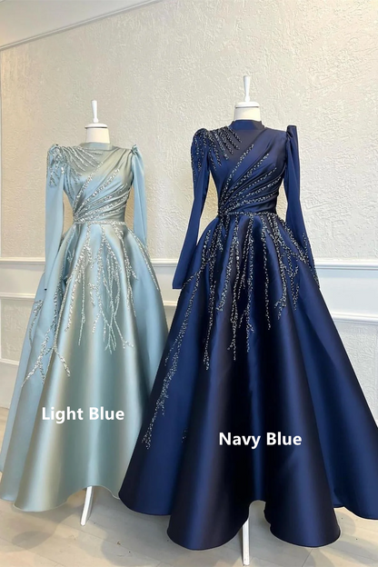 Modest Light Blue Long Sleeves A-Line Satin Long Formal Prom Dress, DP3792