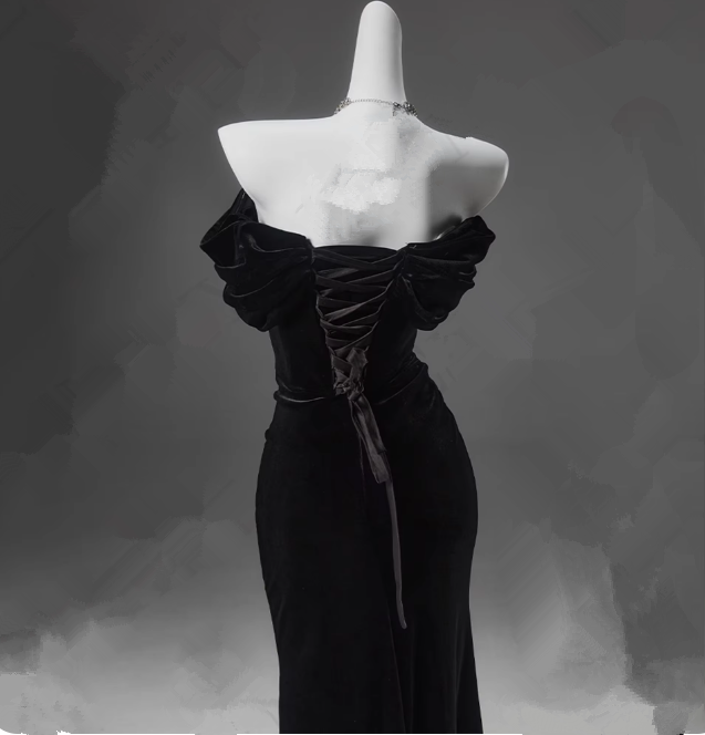 Black Off Shoulder Mermaid Velvet Long Formal Party Dress, DP3504