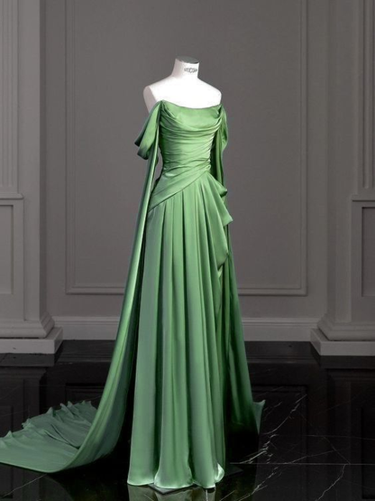 Elegant Green Off Shoulder A-Line Satin Long Formal Party Dress, DP3683