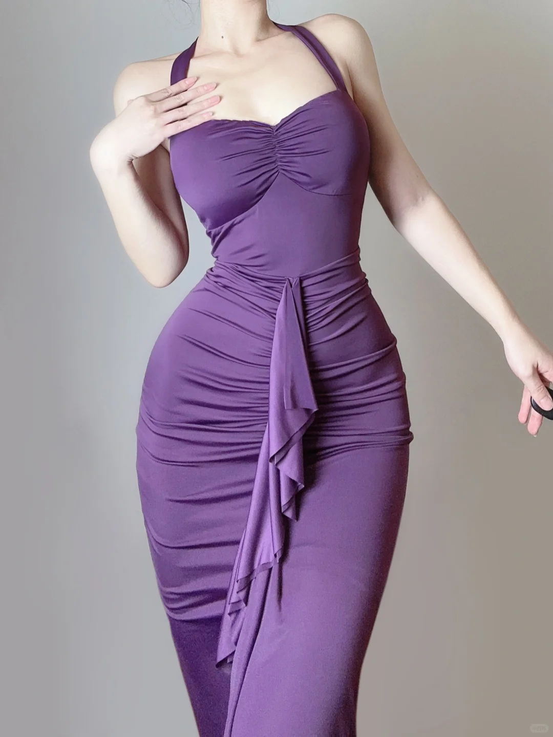 Elegant Purple Halter Neck Mermaid Ruffles Long Party Dress Evening Gown, DP5374