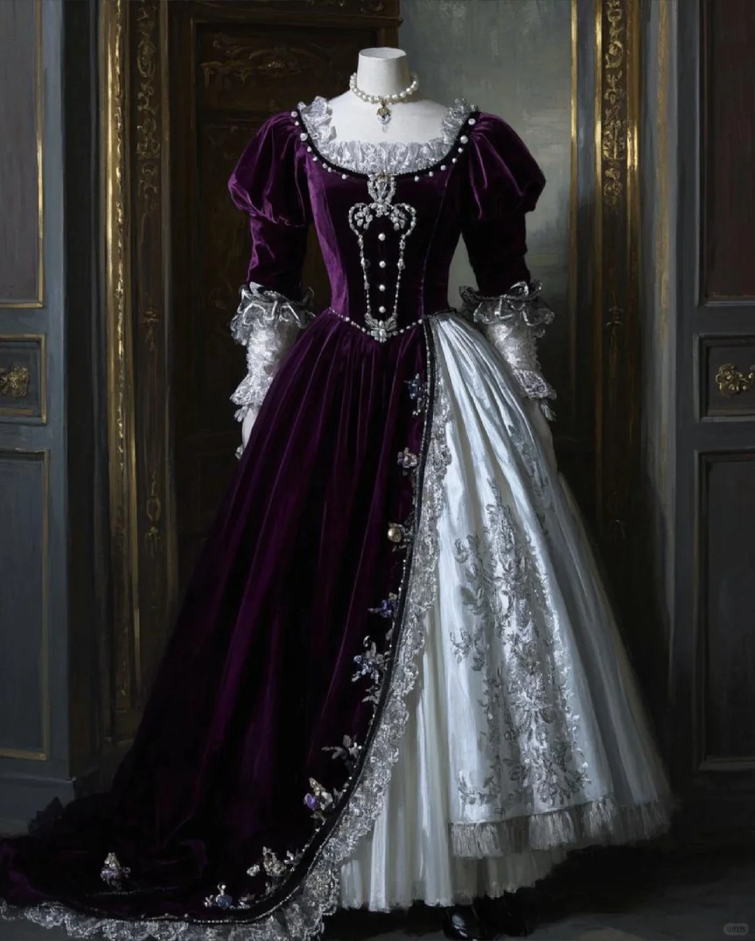 Retro Purple A-Line Velvet Lace Beaded Vintage Evening Ball Gown Party Dress, DP5431