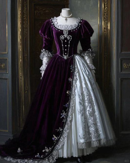 Retro Purple A-Line Velvet Lace Beaded Vintage Evening Ball Gown Party Dress, DP5431
