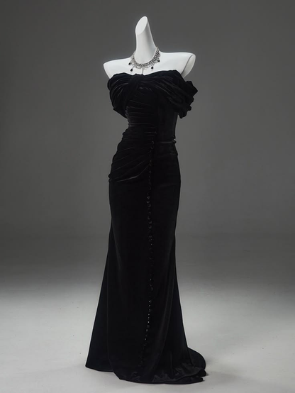 Black Off Shoulder Mermaid Velvet Long Formal Party Dress, DP3504