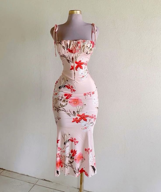 Pretty Spaghetti Straps Sheath Floral Printed Midi Length Party Dresses, DP5446
