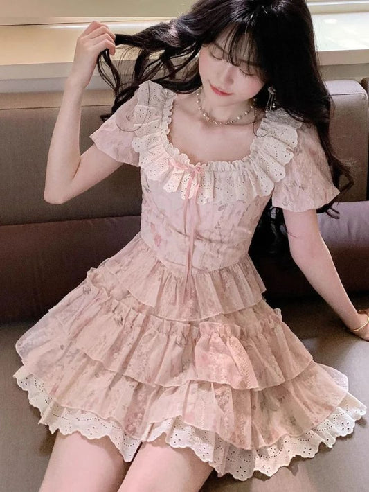 Cute Pink Floral Ruffle Tiered Homecoming Dress Square Neck Lace Mini Party Gown DP8258