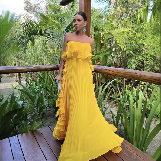 Glamorous Yellow Strapless Pleated Ruffle Evening Dress DP8095