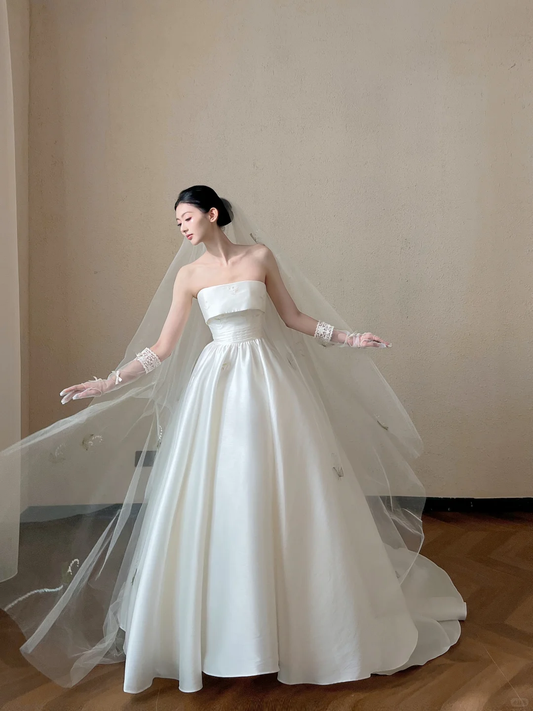 Vintage White Strapless Embroidery Wedding Dress Satin Bridal Gown DP7118