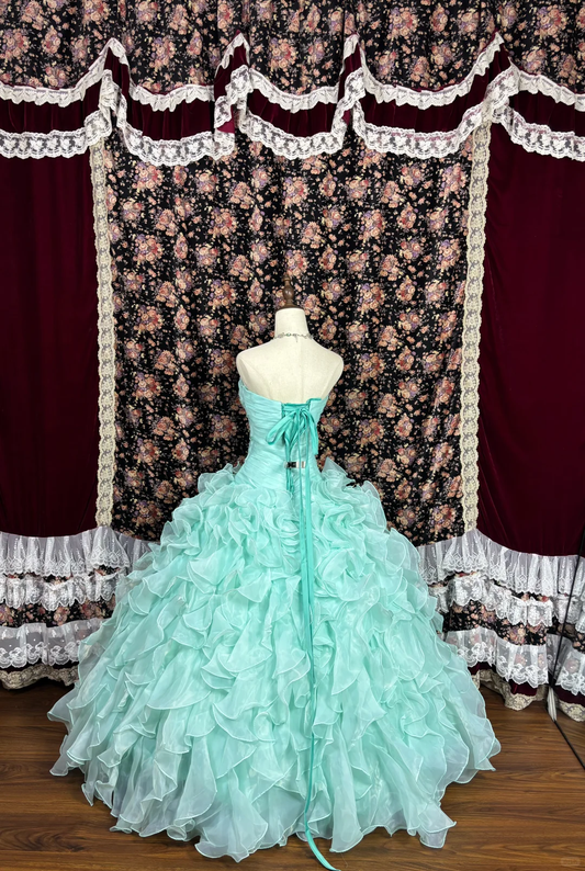 Vintage Blau-grün Tüll Perlen Trägerloses Quinceanera A-Linie Abendkleid Ballkleid DP6272