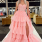 Green A-Line Sweetheart Tulle Tiered Long Prom Dress with Appliques, DP1374