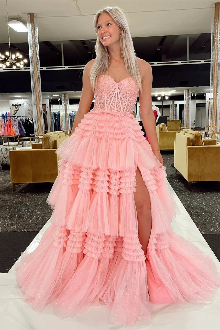 Green A-Line Sweetheart Tulle Tiered Long Prom Dress with Appliques, DP1374