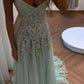 Glamorous Dusty Blue Embroidered Lace Prom Dress Tulle Beaded Evening Gown DP7914