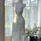 Vintage Mint Green Irregular Lace Hem Spaghetti Strap Design Chiffon Prom Dress Evening Dress DP6237