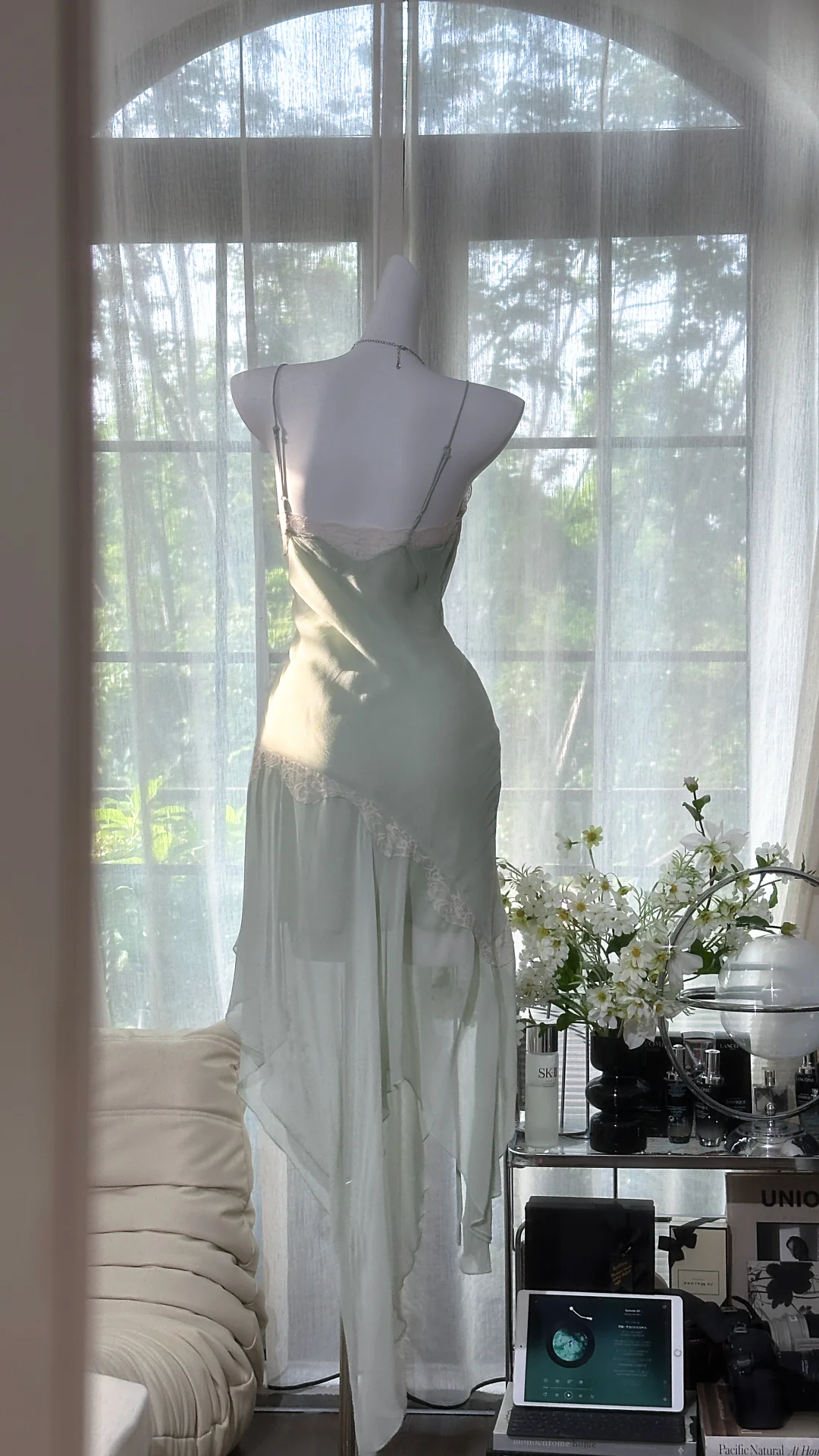 Vintage Mint Green Irregular Lace Hem Spaghetti Strap Design Chiffon Prom Dress Evening Dress DP6237