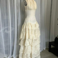 Vintage Halter Lace Tiered Ivory Long Prom Dress Birthday Outfits, DP3327